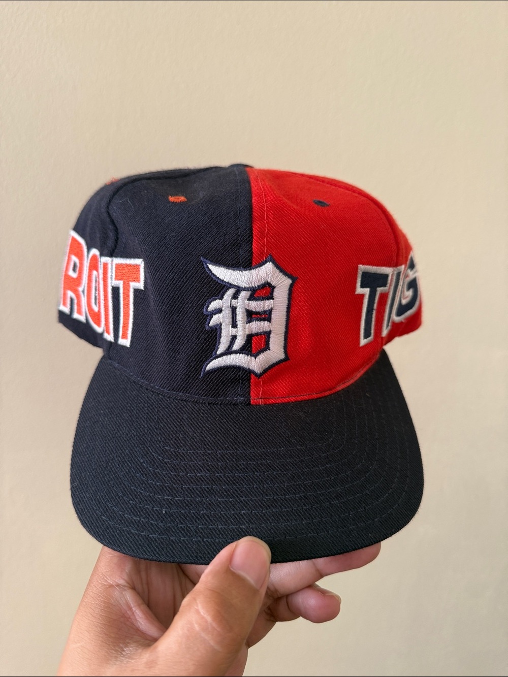 American Needle Red & Navy Split Detroit Snapback with Green Underbill